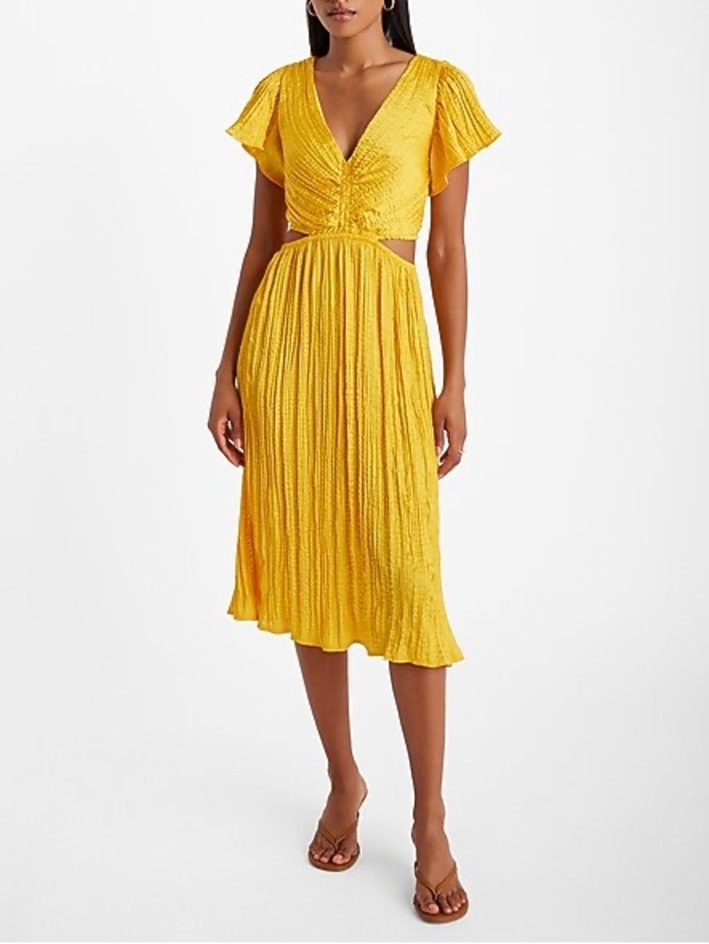 Express Satin V-Neck Flutter Sleeve Pleated Cutout Midi Dress